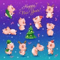 Happy new year set of funny and cute piglets. Chinese calendar symbol of 2019 year. Vector illustration collection.