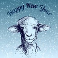 Happy New Year Sheep illustrarion with snowfall and blue background