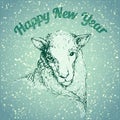 Happy New Year Sheep illustrarion with snowfall and blue background