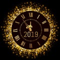 Happy New Year 2019 - New Year Shining luxury premium background with gold clock and glitter decoration. Time twelve o Royalty Free Stock Photo