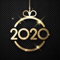 Happy New Year 2020 card with gold abstract Christmas ball on transparent backdrop