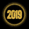 Happy New Year shiny gold number in circle frame. Golden glitter border isolated on black background. Shiny glowing Royalty Free Stock Photo