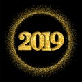 Happy New Year shiny gold number in circle frame. Golden glitter border isolated on black background. Shiny glowing Royalty Free Stock Photo