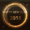 Happy new year 2018 shiny golden star gradient circle abstract on black background, yellow starry night effect. Royalty Free Stock Photo