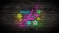 Happy new year shiny neon fluorescence sign glow on black brick wall. colorful sign board with text Happy new year and colorful