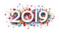 New Year 2019 sign with colorful paper confetti on white backgro