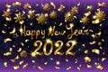 2022 A Happy New Year sign, congrats concept. Beautiful snowy backdrop. fly gold ribbons with confetti. Golden digits Creative