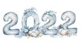 2022 A Happy New Year sign, congrats concept. Horizontal logotype. Snowy white backdrop with cotton. Abstract isolated