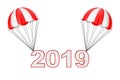 Happy New Year 2019 Sign Flying on Parachute. 3d Rendering
