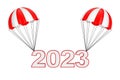 Happy New Year 2023 Sign Flying on Parachute. 3d Rendering