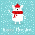 Happy New Year 2020 sign symbol. White mouse waving hand. Merry Christmas. Cute funny cartoon kawaii baby character. Red scarf, Royalty Free Stock Photo