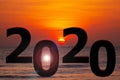 Happy new year 2020 silhouette with golden sunrise or sunset on background