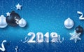 Happy New Year 2019. Silver 3D-numbers with ribbons and confetti on white background. Silver and black Christmas balls with Silver