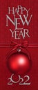 Happy new year silver glittering text and 2022 number with red christmas ball with fabric satin ribbon bow on red sparkling Royalty Free Stock Photo