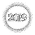 Happy New Year silver number 2019, circle frame. Silvery glitter border isolated on white background. Shiny pattern Royalty Free Stock Photo