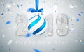 Happy New Year 2019, silver numbers design of greeting card, falling shiny confetti, Xmas ball with blue bow, Vector illustration Royalty Free Stock Photo