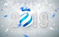 Happy New Year 2019, silver numbers design of greeting card, falling shiny confetti, Xmas ball with blue bow, Vector illustration Royalty Free Stock Photo