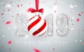 Happy New Year 2019, silver numbers design of greeting card, falling shiny confetti, Xmas ball with red bow, Vector illustration Royalty Free Stock Photo