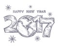 Happy New Year 2017 sketch globe outline drawing.