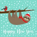 Happy New Year. Sloth hanging on rowan rowanberry sorb berry tree branch. Bullfinch bird. Santa hat. Merry Christmas. Cute cartoon Royalty Free Stock Photo