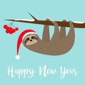 Happy New Year. Sloth hanging on rowan rowanberry sorb berry tree branch. Santa hat. Merry Christmas. Cute cartoon funny character