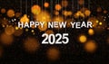 Happy New Year 2025 with small glitters sparkling down. Hanging white paper cut number with festive confetti on an orange golden