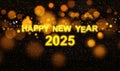 Happy New Year 2025 with small glitters sprinkling down. Hanging bright golden paper cut number with festive confetti on an orange