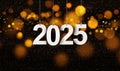 Happy New Year 2025 with small glitters sprinkling down. Hanging paper cut number with festive confetti on an orange golden blurry