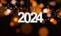 Happy New Year 2024 with small glitters sprinkling down. Hanging white paper cut number with festive confetti on an orange golden