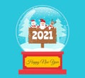 Happy new year 2021 snow globe glass ball with cute santa claus deer snowman Royalty Free Stock Photo