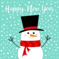 Happy New Year. Snowman, carrot nose, black hat, red scarf. Merry Christmas. Cute cartoon funny kawaii character. Blue winter snow Royalty Free Stock Photo