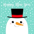 Happy New Year. Snowman face head. Carrot nose, black hat. Cute cartoon funny kawaii character. Blue winter snow background. Merry Royalty Free Stock Photo