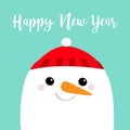 Happy New Year. Snowman face head. Carrot nose, red hat. Merry Christmas. Cute cartoon funny kawaii character. Blue winter Royalty Free Stock Photo