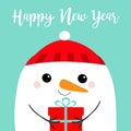 Happy New Year. Snowman head face holding gift box. Red hat. Merry Christmas. Cute cartoon kawaii baby character. Funny animal. Royalty Free Stock Photo