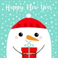 Happy New Year. Snowman head face holding gift box. Red hat. Merry Christmas. Cute cartoon kawaii baby character. Funny animal. Royalty Free Stock Photo