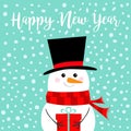 Happy New Year. Snowman holding gift box present. Carrot nose, black hat, red scarf. Merry Christmas. Cute cartoon funny kawaii Royalty Free Stock Photo