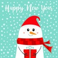 Happy New Year. Snowman holding gift box present. Carrot nose, red Santa hat, scarf. Merry Christmas. Cute cartoon funny kawaii Royalty Free Stock Photo
