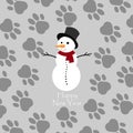 Happy New Year. Snowman with red scarf. Paw print background. Vector illustration Royalty Free Stock Photo