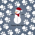 Happy New Year. Snowman with red scarf. Paw print background. Vector illustration Royalty Free Stock Photo