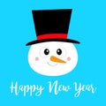 Happy New Year. Snowman round face head. Carrot nose, black hat. Merry Christmas. Cute cartoon funny kawaii character. Greeting Royalty Free Stock Photo