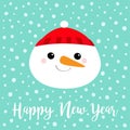 Happy New Year. Snowman round face head icon. Carrot nose, red hat. Cute cartoon funny kawaii character. Merry Christmas. Blue Royalty Free Stock Photo