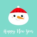 Happy New Year. Snowman round face head icon. Carrot nose, red hat. Cute cartoon funny kawaii character. Merry Christmas. Blue Royalty Free Stock Photo
