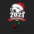 Happy new year 2021 and soccer ball in santa hat Royalty Free Stock Photo