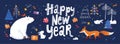 Happy New Year social media banner in Nordic Scandinavian hand drawn style with cute animals. Royalty Free Stock Photo