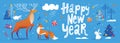 Happy New Year social media banner in Nordic Scandinavian hand drawn style with cute animals. Royalty Free Stock Photo