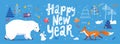 Happy New Year social media banner in Nordic Scandinavian hand drawn style with cute animals. Royalty Free Stock Photo