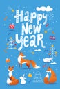 Happy New Year social media banner in Nordic Scandinavian hand drawn style with cute animals. Royalty Free Stock Photo