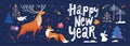 Happy New Year social media banner in Nordic Scandinavian hand drawn style with cute animals. Royalty Free Stock Photo