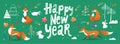 Happy New Year social media banner in Nordic Scandinavian hand drawn style with cute animals. Royalty Free Stock Photo