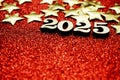 Happy New year 2025 with space copy on red glitter background